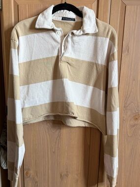 Brandy Melville Beige and White Striped Cropped Rugby Top